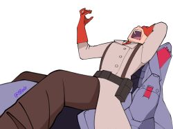 Rule 34 | 1boy, belt, black belt, black pants, brown jacket, gloves, hand on own face, highres, jacket, leaning back, male focus, medic (tf2), necktie, neon genesis evangelion, open mouth, pants, parody, pouch, rebuild of evangelion, red gloves, red medic (tf2), red necktie, shirt, sitting, solo, team fortress 2, twitter username, white background, white shirt, yblndr