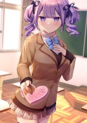 Rule 34 | 1girl, blazer, blush, bow, bowtie, box, classroom, collared shirt, dopushan, frown, hair ribbon, hand on own chest, heart-shaped box, highres, holding, indoors, jacket, looking at viewer, miniskirt, mole, mole under eye, original, plaid, plaid skirt, pleated skirt, purple eyes, purple hair, ribbon, school uniform, shirt, skirt, sleeves past wrists, solo, twintails, valentine, window