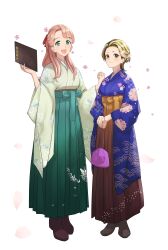 Rule 34 | 2girls, absurdres, blonde hair, boots, brown eyes, character request, cherry blossoms, copyright request, full body, green eyes, hakama, hakama skirt, highres, japanese clothes, kimono, long hair, looking at viewer, meiji schoolgirl uniform, multiple girls, nagashii kouhei, open mouth, pink hair, short hair, simple background, skirt, smile, white background