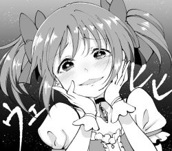 Rule 34 | 1girl, bow, commentary, gloves, greyscale, hair bow, hands on own face, kaname madoka, magical girl, mahou shoujo madoka magica, mahou shoujo madoka magica (anime), monochrome, puffy sleeves, sakayama shinta, solo, translated, twintails, yandere trance