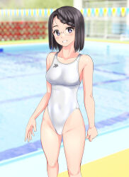 Rule 34 | 1girl, absurdres, black eyes, black hair, blurry, blurry background, braid, braided bangs, breasts, collarbone, commentary request, competition swimsuit, covered navel, feet out of frame, glasses, highleg, highleg swimsuit, highres, logo, looking at viewer, medium breasts, one-piece swimsuit, original, parted lips, pool, short hair, smile, solo, string of flags, swimsuit, takafumi, white one-piece swimsuit
