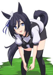 Rule 34 | 1girl, animal ears, black hair, black shorts, black thighhighs, blue eyes, breasts, commentary request, ear ornament, eishin flash (umamusume), feet out of frame, grass, highres, horse ears, horse girl, horse tail, large breasts, leaning forward, looking at viewer, open mouth, original race uniform (umamusume), puffy short sleeves, puffy sleeves, race bib, short hair, short sleeves, shorts, simple background, smile, solo, standing, t2r, tail, thighhighs, umamusume, white background