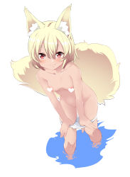 Rule 34 | 1girl, animal ear fluff, animal ears, blonde hair, blush, breasts, censored, censored nipples, collarbone, convenient arm, convenient censoring, hair between eyes, heart, heart censor, highres, looking at viewer, medium hair, monochrome background, noa (nagareboshi), original, panties, panty pull, red eyes, simple background, small breasts, smile, solo, standing, tail, tail raised, thick eyebrows, underwear, wading, water, white background, white panties