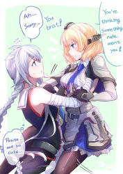 Rule 34 | 2girls, alternate language, bandages, black gloves, black legwear, black skirt, blonde hair, blue eyes, blue neckwear, braid, breasts, capelet, collared shirt, colorado (kancolle), commentary, dress, elbow gloves, english commentary, english text, eye contact, garrison cap, gloves, grey dress, grey headwear, hair flaps, hair tie, hat, headgear, height conscious, highres, kantai collection, large breasts, lifting person, long hair, looking at another, multiple girls, neckerchief, necktie, pantyhose, parted bangs, pin.s, pleated dress, pleated skirt, shirt, short hair, side braids, sideboob, silver hair, single braid, skirt, sleeveless, sleeveless shirt, umikaze (kancolle), very long hair, white shirt
