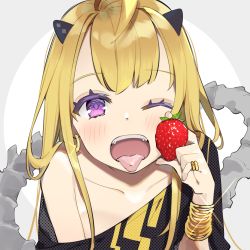 Rule 34 | 1girl, ahoge, bangle, bare shoulders, black shirt, blonde hair, blush, bone tail, bracelet, collarbone, colored eyelashes, earrings, food, fruit, glint, hand up, highres, holding, holding food, hoop earrings, horns, jewelry, long hair, off shoulder, omucchan (omutyuan), one eye closed, open mouth, original, piercing, purple eyes, shirt, solo, strawberry, tongue, tongue out, tongue piercing