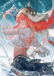 Rule 34 | 1girl, aqua eyes, arm up, back tattoo, blue eyes, blush, breasts, circlet, closed mouth, crop top, detached sleeves, eyelashes, genshin impact, gold trim, harem outfit, highres, horns, iiumiarts, jewelry, long hair, long sleeves, looking at viewer, low twintails, medium breasts, neck ring, nilou (genshin impact), parted bangs, puffy long sleeves, puffy sleeves, red hair, see-through, see-through sleeves, skirt, smile, solo, tattoo, thighlet, thighs, twintails, vambraces, veil, vision (genshin impact), water, white headwear, white veil