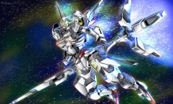 Rule 34 | beam cannon, commentary, energy cannon, exhaust, flying, glowing, glowing eyes, green eyes, gundam, gundam calibarn, gundam suisei no majo, highres, holding, holding cannon, holding weapon, light particles, mecha, mobile suit, no humans, robot, science fiction, shimashun, solo, thrusters, twitter username, v-fin, weapon
