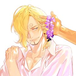 Rule 34 | 1boy, blonde hair, blue eyes, cigarette, collarbone, dress shirt, earrings, facial hair, flower, green hair, hair over one eye, half-closed eyes, highres, jewelry, looking to the side, male focus, one piece, pectoral cleavage, pectorals, ponytail, sanji (one piece), shirt, short hair, smile, veins, veiny arms, white background, white shirt, ynnn m