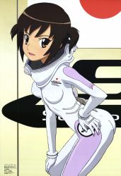 Rule 34 | 1girl, 2000s (style), absurdres, ass, astronaut, bodysuit, breasts, brown eyes, brown hair, copyright name, from side, hand on knee, hand on own hip, hand on own knee, highres, japanese flag, leaning forward, looking at viewer, magazine scan, megami magazine, morita yukari, official art, ooshita kyuuma, rocket girls, scan, small breasts, smile, solo, twintails, white bodysuit