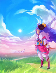 Rule 34 | 1girl, ahoge, alternate hair color, alternate hairstyle, braid, cloud, cloudy sky, curled horns, day, flower, from side, full body, grass, hair between eyes, hair flower, hair ornament, horns, kindred (league of legends), lamb (league of legends), league of legends, long hair, looking to the side, obi, official alternate costume, official alternate hairstyle, outdoors, sash, sky, solo focus, spirit blossom (league of legends), spirit blossom kindred, standing, sun, vmat, wolf (league of legends), yellow flower