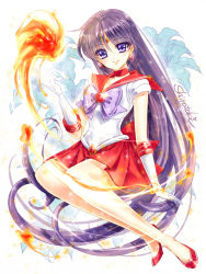 Rule 34 | 1girl, bishoujo senshi sailor moon, black hair, bow, brooch, choker, closed mouth, elbow gloves, female focus, fire, flower, full body, gloves, hino rei, jewelry, lily (flower), long hair, looking at viewer, magical girl, pleated skirt, purple bow, purple eyes, pyrokinesis, red choker, red footwear, red sailor collar, red skirt, sailor collar, sailor mars, sailor senshi uniform, shirataki kaiseki, shoes, signature, skirt, smile, solo, tiara, very long hair, white gloves