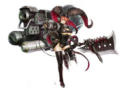 Rule 34 | armor, axe, boots, breasts, brown hair, full body, gun, hat, horns, huge weapon, kometani hisanobu, large breasts, original, red eyes, red hair, short hair, skull, solo, sword, tail, thigh boots, thighhighs, underboob, weapon
