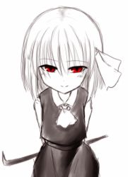 Rule 34 | 1girl, arms behind back, artistic error, ascot, crowbar, dress, evil smile, hair ribbon, holding, holding crowbar, iruru5666, looking at viewer, monochrome, red eyes, ribbon, rumia, short hair, sketch, smile, solo, spot color, touhou, white background, yandere