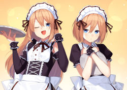Rule 34 | 2girls, ;d, alternate costume, apron, bare shoulders, black dress, blue eyes, blush, brown hair, buran buta, crossed arms, detached sleeves, dress, enmaided, hair between eyes, hands up, highres, holding, holding tray, long hair, looking at viewer, maid, maid headdress, medium hair, multiple girls, neptune (series), one eye closed, open mouth, parted lips, puffy short sleeves, puffy sleeves, ram (neptunia), rom (neptunia), short sleeves, siblings, sisters, smile, tray, twins, upper body, very long hair, waist apron, white apron