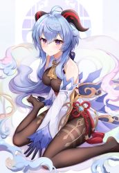 Rule 34 | 1girl, absurdres, ahoge, bell, black pantyhose, blue gloves, blue hair, breasts, closed mouth, commentary request, cowbell, detached sleeves, ganyu (genshin impact), genshin impact, gloves, goat horns, hair between eyes, highres, horns, long hair, looking at viewer, neck bell, okey, pantyhose, purple eyes, revision, sitting, smile, solo