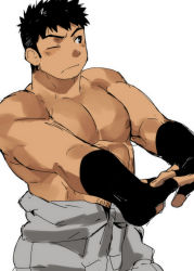 Rule 34 | 1boy, abs, bad id, bad pixiv id, bara, black eyes, black gloves, black hair, blush, cracking knuckles, fingerless gloves, gloves, highres, large pectorals, male focus, muscular, nipples, one eye closed, original, pectorals, sagami jon, short hair, simple background, solo, toned, toned male, topless male, white background
