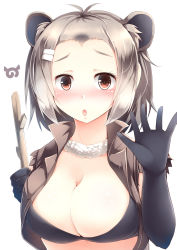 Rule 34 | 10s, 1girl, absurdres, american beaver (kemono friends), animal ears, beaver ears, black gloves, blush, breasts, brown eyes, brown hair, cleavage, elbow gloves, eyebrows, gloves, highres, kanzakietc, kemono friends, large breasts, looking at viewer, parted lips, simple background, solo, upper body, white background