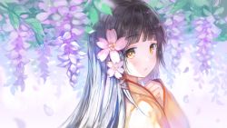 Rule 34 | 1girl, blunt bangs, brown hair, commentary request, flower, flower request, hair flower, hair ornament, hand up, highres, japanese clothes, kimono, long hair, long sleeves, looking at viewer, orange eyes, orange kimono, parted lips, sibyl, solo, upper body, wide sleeves