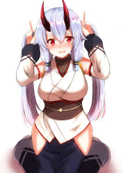 Rule 34 | 1girl, :d, absurdres, arms up, bare shoulders, blush, breasts, bunching hair, commentary request, detached sleeves, fate/grand order, fate (series), hair between eyes, heart, highres, horns, japanese clothes, kimono, kneeling, long hair, long sleeves, looking at viewer, medium breasts, obi, oni, oni horns, open mouth, puffy long sleeves, puffy sleeves, purple hair, red eyes, sash, shibakame, short kimono, sleeveless, sleeveless kimono, smile, solo, tomoe gozen (fate), twintails, twintails day, very long hair, white kimono, white sleeves