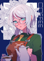 Rule 34 | 1girl, apron, barista, blue eyes, collared shirt, commentary, cup, faust (project moon), flower, glasses, green shirt, highres, holding, holding cup, holding teapot, korean commentary, limbus company, necktie, pmchell 04, project moon, shirt, steam, tea, teacup, teapot, white flower, white hair, yellow necktie