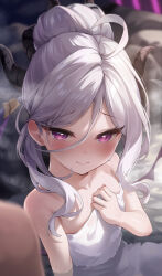Rule 34 | 1girl, 1other, absurdres, ahoge, black halo, blue archive, closed mouth, commentary request, flat chest, hair between eyes, halo, highres, hina (blue archive), horns, looking at viewer, naked towel, onsen, partially submerged, purple eyes, shiranui (nisioisin sinob), solo focus, towel, water, wet, white hair