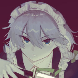 Rule 34 | 1girl, between fingers, boa (brianoa), commentary, double-parted bangs, english commentary, eyes visible through hair, grey hair, hair between eyes, highres, holding, holding knife, izayoi sakuya, knife, looking at viewer, maid headdress, purple background, serious, simple background, solo, throwing knife, touhou, tsurime, upper body, weapon