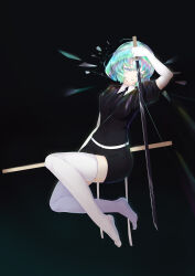 Rule 34 | 1girl, absurdres, arm up, black background, black shirt, black shorts, breasts, c (pixiv3064042), chinese commentary, colored eyelashes, commentary request, diamond (houseki no kuni), elbow gloves, eyelashes, full body, glint, gloves, green hair, grey eyes, groin, highres, holding, holding sword, holding weapon, houseki no kuni, looking at viewer, medium breasts, midair, multicolored hair, no shoes, open mouth, puffy short sleeves, puffy sleeves, sheath, shirt, short hair, short sleeves, shorts, simple background, solo, sword, thighhighs, weapon, white gloves, white thighhighs, zettai ryouiki
