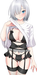 Rule 34 | 1girl, alternate costume, black bra, black panties, blue eyes, bra, breasts, clothes lift, cowboy shot, fishnet thighhighs, fishnets, garter belt, grey hair, hair over one eye, hamakaze (kancolle), highres, kantai collection, large breasts, lifting own clothes, looking at viewer, panties, shirt, shirt lift, short hair, simple background, solo, standing, thighhighs, underwear, white background, white shirt, yomogi dango