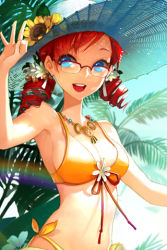 Rule 34 | 1girl, bikini, breasts, cleavage, day, drill hair, flower, front-tie top, glasses, hair flower, hair ornament, hat, jewelry, lowres, medium breasts, necklace, open mouth, outdoors, palm tree, side-tie bikini bottom, sideboob, solo, straw hat, summer, swimsuit, sword girls, tree, tropical, twin drills, twintails, vernika answer