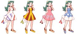 Rule 34 | 1girl, alternate costume, blue dress, character print, closed mouth, commentary request, creatures (company), dress, full body, game freak, green eyes, green hair, hand up, hat, holding, hsngamess, kris (pokemon), long hair, multiple views, nintendo, pink dress, pokemon, pokemon gsc, shoes, simple background, sleeveless, sleeveless dress, standing, unworn hat, unworn headwear, white background, white dress, white headwear