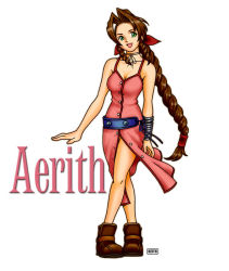 Rule 34 | 00s, 1girl, 2000s (style), aerith gainsborough, antenna hair, artist name, belt, boots, bracelet, braid, breasts, character name, choker, cleavage, curly hair, dress, final fantasy, final fantasy vii, full body, green eyes, hair ribbon, jewelry, keith (keith&#039;s workshop), kingdom hearts, long dress, long hair, medium breasts, multiple bracelets, necklace, official alternate costume, open mouth, parted bangs, pink dress, red ribbon, ribbon, sidelocks, smile, solo, spaghetti strap, square enix, standing, unbuttoned dress, white background