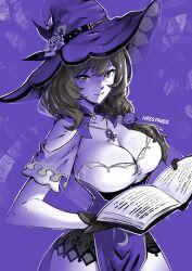 Rule 34 | 1girl, absurdres, artist name, black gloves, book, breasts, brown hair, cleavage, commentary, corset, english commentary, flower, genshin impact, gloves, green eyes, hair between eyes, hair flower, hair ornament, hat, hat flower, highres, holding, holding book, jewelry, large breasts, lisa (genshin impact), long hair, looking at viewer, miss faves, necklace, open book, purple background, purple corset, purple flower, purple hat, purple rose, rose, smile, solo, witch, witch hat