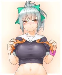 Rule 34 | 10s, 1girl, angry, blush, bow, breasts, brown eyes, covered erect nipples, female focus, gradient background, grey hair, hair bow, kantai collection, large breasts, long hair, midriff, navel, onsoku inu, ponytail, school uniform, serafuku, solo, sweat, wristband, yuubari (kancolle)