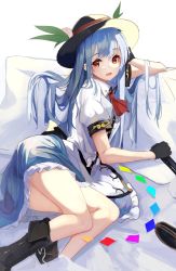 Rule 34 | 1girl, bed sheet, black footwear, black gloves, black hat, blue hair, blue skirt, boots, food, fruit, gloves, hat, highres, hinanawi tenshi, long hair, looking at viewer, lumo 1121, lying, miniskirt, on side, open mouth, peach, puffy short sleeves, puffy sleeves, red eyes, shirt, short sleeves, skirt, smile, solo, touhou, white background, white shirt