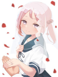Rule 34 | 1boy, 1girl, absurdres, blush, commission, hair bobbles, hair ornament, highres, holding hands, jewelry, kantai collection, medium hair, out of frame, petals, pink eyes, pink hair, pov, pov hands, ring, sazanami (kancolle), school uniform, serafuku, shirt, skeb commission, smile, soba (sobaya1938), solo focus, twintails, veil, wedding ring, white shirt