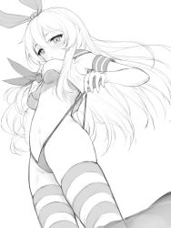 Rule 34 | 1girl, absurdres, breasts, crop top, elbow gloves, gloves, greyscale, hairband, highleg, highleg panties, highres, kantai collection, long hair, medium breasts, monochrome, neckerchief, no pants, open mouth, panties, sailor collar, school uniform, serafuku, shimakaze (kancolle), simple background, sketch, solo, striped clothes, striped thighhighs, thighhighs, topu, underboob, underwear, upshirt