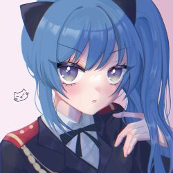 Rule 34 | 1girl, aiguillette, animal ears, assault lily, black jacket, black ribbon, blue hair, cat, cat ears, chromatic aberration, closed mouth, collared shirt, commentary request, epaulettes, fake animal ears, gradient background, hand in own hair, hand up, high ponytail, highres, ishikawa aoi, jacket, light blush, long hair, long sleeves, looking at viewer, myuru (q t a q), neck ribbon, pink background, portrait, purple eyes, ribbon, school uniform, shirt, side ponytail, solo, v-shaped eyebrows, white shirt