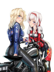 Rule 34 | 2girls, :d, alternate costume, ass, biker clothes, bikesuit, black pants, blonde hair, blue eyes, blush, bodysuit, breasts, can, cleavage, from behind, grey shirt, hairband, happy new year, highres, holding, holding can, hornet (kancolle), kantai collection, long hair, looking at viewer, motor vehicle, motorcycle, multiple girls, new year, open mouth, pants, parazan d, purple eyes, red bull, red hairband, shirt, shoukaku (kancolle), simple background, sitting, skin tight, smile, undersuit, vehicle request, white background, white hair