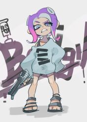 Rule 34 | 1girl, black footwear, blue eyes, eyebrow cut, frown, full body, grey sweater, gun, handgun, highres, holding, holding gun, holding weapon, koike3582, legs apart, long sleeves, looking at viewer, medium hair, multicolored hair, nintendo, octoling, octoling girl, octoling player character, off-shoulder sweater, off shoulder, pink hair, purple hair, sandals, shadow, solo, splatoon (series), standing, suction bomb (splatoon), suction cups, sweater, teeth, tentacle hair, two-tone hair, uneven eyes, v-shaped eyebrows, weapon, white background