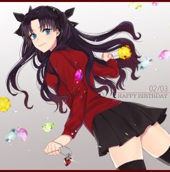 Rule 34 | 1girl, black bow, black hair, black skirt, black thighhighs, blue eyes, bow, closed mouth, cowboy shot, dutch angle, fate/stay night, fate (series), floating hair, from side, gem, gradient background, grey background, hair bow, happy birthday, heart pendant, highres, jewelry, letterboxed, long hair, long sleeves, looking at viewer, miniskirt, pendant, pleated skirt, red shirt, shimatori (sanyyyy), shirt, skirt, smile, solo, thighhighs, tohsaka rin, twintails, very long hair