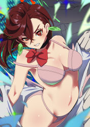 1girl absurdres angry ayase_momo black_choker blush bow bowtie bra breasts brown_hair choker dandadan earrings highres jewelry large_breasts looking_at_viewer looking_to_the_side loose_bowtie navel panties pink_bra pink_panties red_hair short_hair solo stomach teeth ufo underwear yamada_otonari