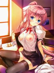 Rule 34 | 1girl, :o, absurdres, arm at side, ashishun, black thighhighs, black vest, blue eyes, blush, bow, bowtie, breasts, brown hair, brown thighhighs, collared shirt, colored eyelashes, covered erect nipples, desk, dress shirt, from side, hair between eyes, hair ribbon, head tilt, highres, huge filesize, indoors, komagata yuzuki, long hair, looking at viewer, medium breasts, miniskirt, nipples, no bra, on desk, open clothes, open vest, parted lips, pencil skirt, photo (object), plate, ponytail, primal hearts, puffy short sleeves, puffy sleeves, red bow, red bowtie, ribbon, see-through, shirt, short sleeves, sitting, sitting on table, skirt, solo, sunlight, table, thighhighs, undressing, very long hair, vest, wet, wet clothes, wet shirt, white ribbon, window, zettai ryouiki