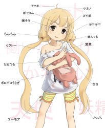 Rule 34 | 1girl, ahoge, ari hinoko, blonde hair, blush, brown eyes, child, collarbone, female focus, futaba anzu, idolmaster, idolmaster cinderella girls, legs apart, long hair, low twintails, off shoulder, parted lips, partially translated, shirt, short sleeves, shorts, solo, standing, striped clothes, striped shorts, stuffed animal, stuffed rabbit, stuffed toy, t-shirt, translation request, twintails, v, white shirt, white sleeves