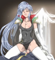 Rule 34 | 1boy, 1girl, armor, black panties, blue hair, blush, breasts, cape, censored, closed eyes, clothed sex, clothing aside, cowgirl position, dress, earrings, elbow gloves, fire emblem, fire emblem: genealogy of the holy war, girl on top, gloves, hetero, ishtar (fire emblem), jewelry, julius (fire emblem), kyouno aki, long hair, medium breasts, mosaic censoring, nintendo, nipple slip, nipples, one breast out, open mouth, panties, panties aside, pauldrons, penis, ponytail, pubic hair, sex, shoulder armor, silver hair, straddling, sweat, thighhighs, underwear, vaginal, white gloves, white thighhighs
