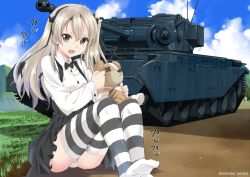 Rule 34 | 10s, 1girl, bandages, black bow, black bowtie, black skirt, black thighhighs, boko (girls und panzer), bow, bowtie, brown eyes, casual, centurion (tank), cloud, cloudy sky, collared shirt, commentary, day, dirt road, embarrassed, full body, girls und panzer, grass, hair ribbon, holding, holding stuffed toy, keisuke asuka, layered skirt, light brown hair, long hair, long sleeves, looking at viewer, military, military vehicle, motor vehicle, no shoes, open mouth, outdoors, panties, pantyshot, ribbon, road, shimada arisu, shirt, side ponytail, sitting, skirt, sky, solo, striped clothes, striped thighhighs, stuffed animal, stuffed toy, suspender skirt, suspenders, tank, teddy bear, thighhighs, twitter username, underwear, wavy mouth, white panties, white shirt