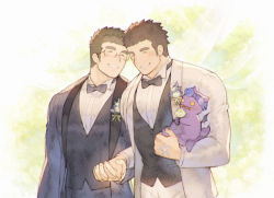 Rule 34 | 2boys, alternate costume, bad id, bad pixiv id, bara, black hair, black pants, black suit, black vest, blush, boutonniere, bow, bowtie, brown hair, chataro1412, collared shirt, couple, creature, formal, glasses, head tilt, heads together, holding hands, husband and husband, interlocked fingers, jacket, lapel pin, lapels, male focus, protagonist 3 (housamo), multiple boys, muscular, muscular male, open clothes, open jacket, pants, pectorals, rimless eyewear, shawl lapels, motoori shiro, shirt, short hair, suit, thick eyebrows, tokyo houkago summoners, vest, white pants, white shirt, white suit, yaoi
