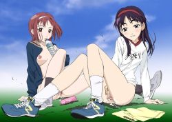 Rule 34 | 00s, 2girls, blush, bottle, bottomless, breasts, casual, dildo, flcl, masturbation, multiple girls, ninamori eri, nipples, open clothes, open shirt, outdoors, public indecency, pussy, pussy juice, samejima mamimi, shirt, shoes, sneakers, socks, spread pussy, uncensored