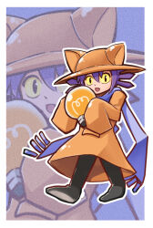 Rule 34 | 1other, animal hat, black footwear, blue scarf, border, brown coat, cat hat, coat, colored sclera, fang, hair between eyes, hat, highres, light bulb, long scarf, nattouan, niko (oneshot), oneshot (game), open mouth, other focus, oversized object, purple hair, scarf, short hair, sleeves past fingers, sleeves past wrists, white border, yellow sclera, zoom layer