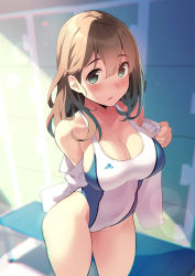 1girl, amamiya natsumi, bangs, bare legs, bare shoulders, blurry, blush, breasts, brown hair, cleavage, competition swimsuit, covered navel, cowboy shot, depth of field, groin, hair between eyes, highleg, highleg swimsuit, highres, indoors, kekemotsu, large breasts, locker, locker room, long hair, looking at viewer, one-piece swimsuit, open clothes, open shirt, original, parted lips, shirt, solo, swimsuit, swimsuit under clothes, white shirt, white swimsuit