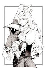 Rule 34 | 2boys, blouse, carrying, carrying person, cat earth2, coat, corset, expressionless, feather hair, feathers, final fantasy, final fantasy ix, frilled sleeves, frills, gloves, greyscale, hand on own hip, hand up, hat, height difference, high collar, highres, kuja, lipstick, long hair, long sleeves, looking to the side, makeup, male focus, monochrome, multiple boys, pants, puffy long sleeves, puffy pants, puffy sleeves, shirt, shoes, sketch, solid oval eyes, striped clothes, striped pants, upper body, vertical-striped clothes, vertical-striped pants, vivi ornitier, witch hat
